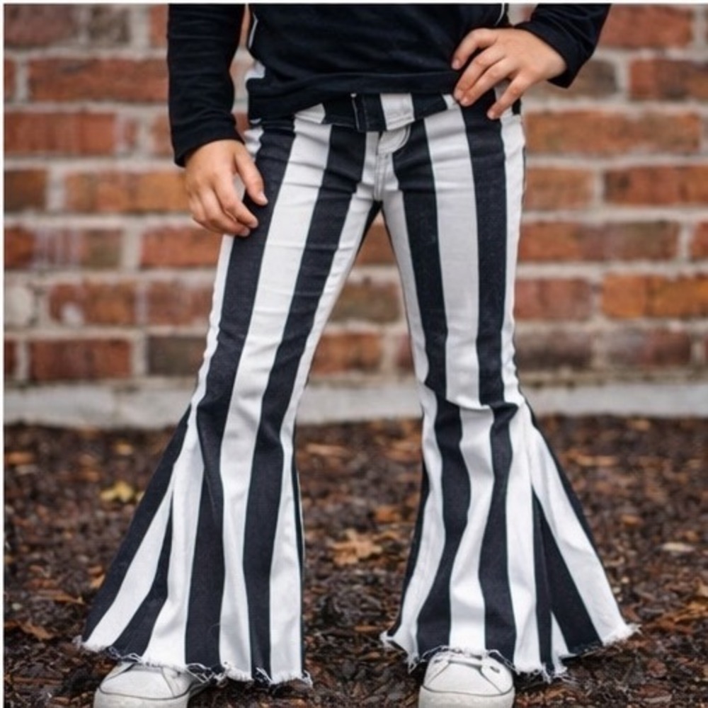 Girls Black White Striped Bell Bottom Jeans Flare Pants Raw Hem 10 12 Boho Kids